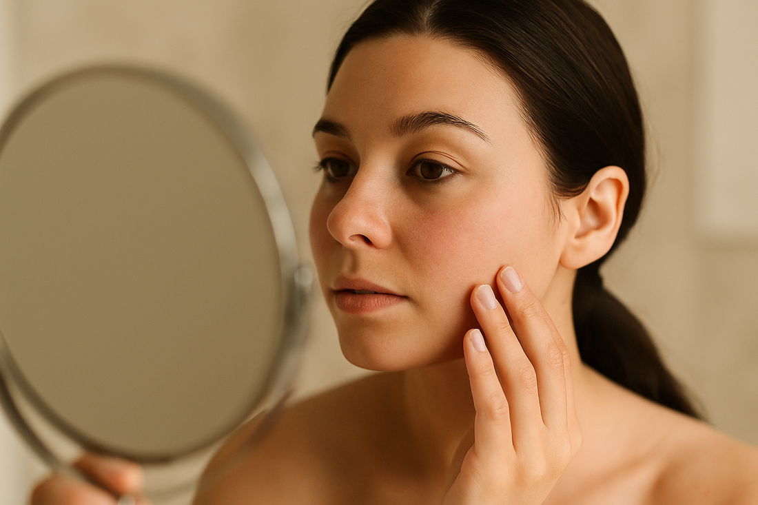Frau betrachtet ihre Wangen im Handspiegel und untersucht sanft ihre leicht gerötete Haut in einem warmen, minimalistischen Umfeld.