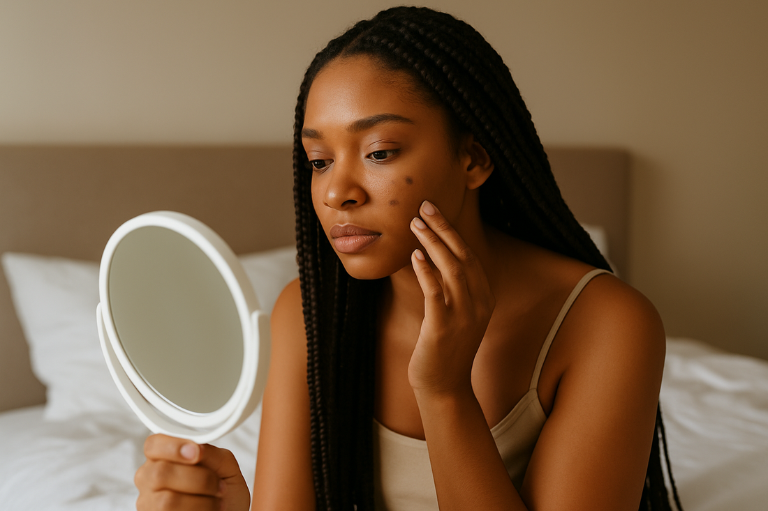 Frau mit langen Braids sitzt auf ihrem Bett und betrachtet drei sichtbare Dark Spots auf ihrer Wange in einem Handspiegel; warmes Licht und ruhige Zimmeratmosphäre.