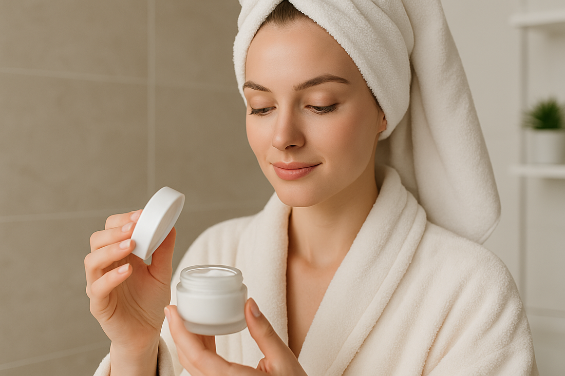 Wunderschöne Frau im Bademantel mit Handtuch auf dem Kopf hält eine geöffnete Gesichtscreme im Badezimmer in der Hand, neutraler Hintergrund, kein Text im Bild.