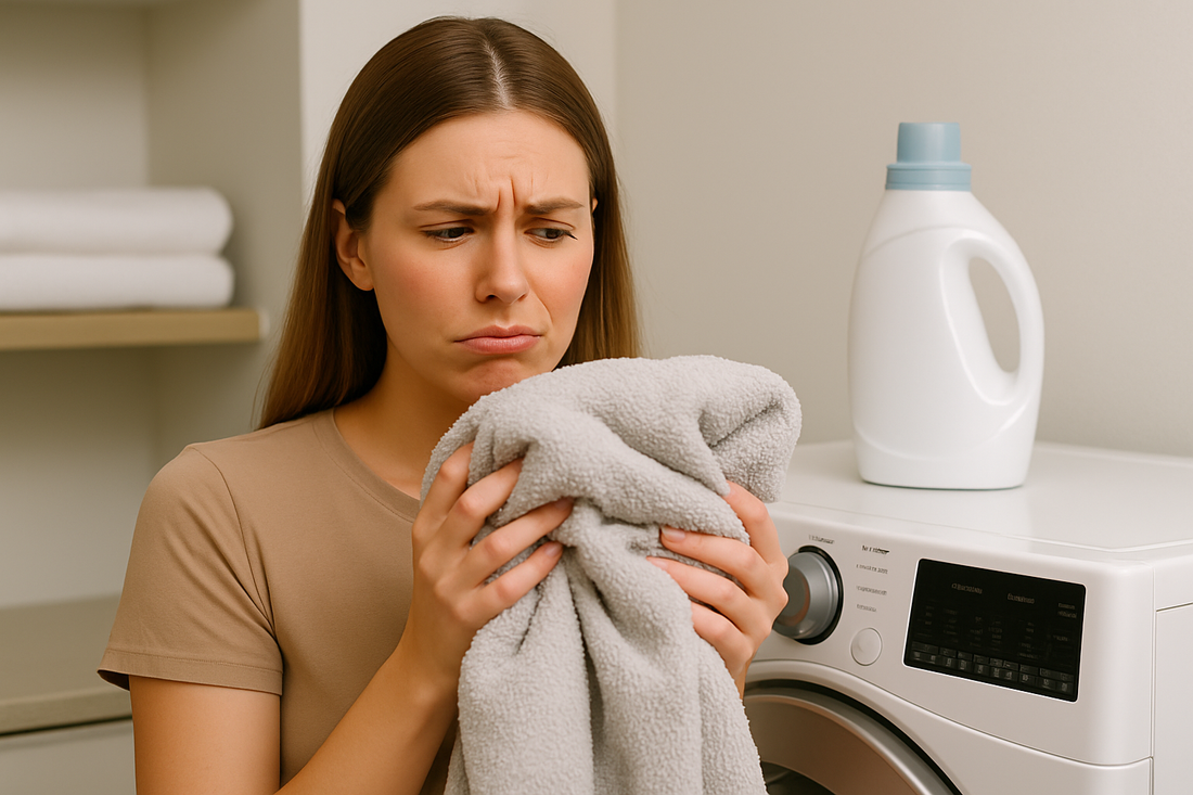 Junge Frau hält frisch gewaschene Wäsche vor sich und schaut skeptisch, im Hintergrund steht eine Flasche Weichspüler