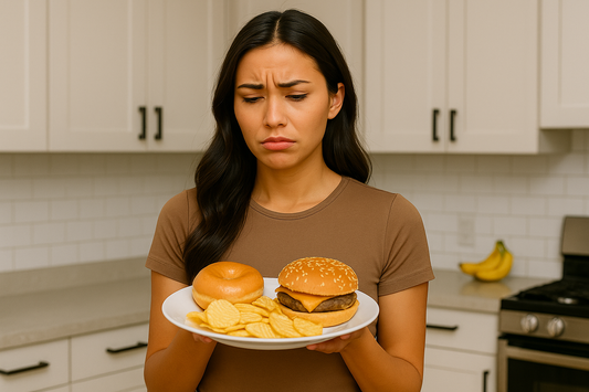 Junge Frau steht in der Küche und hält einen Teller mit Burger, Brötchen und Chips, während sie skeptisch und unzufrieden auf das ungesunde Essen blickt