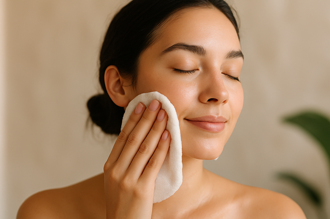 Frau reinigt ihr Gesicht sanft mit einem weichen Tuch in natürlicher, warmer Lichtstimmung.