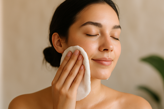 Frau reinigt ihr Gesicht sanft mit einem weichen Tuch in natürlicher, warmer Lichtstimmung.