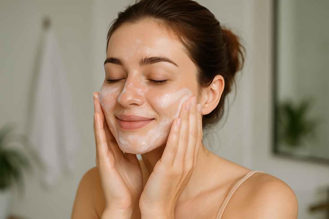 Junge Frau reinigt ihr Gesicht mit einem milden, schäumenden Cleanser und massiert ihn mit beiden Händen ein, im hellen Badezimmer.
