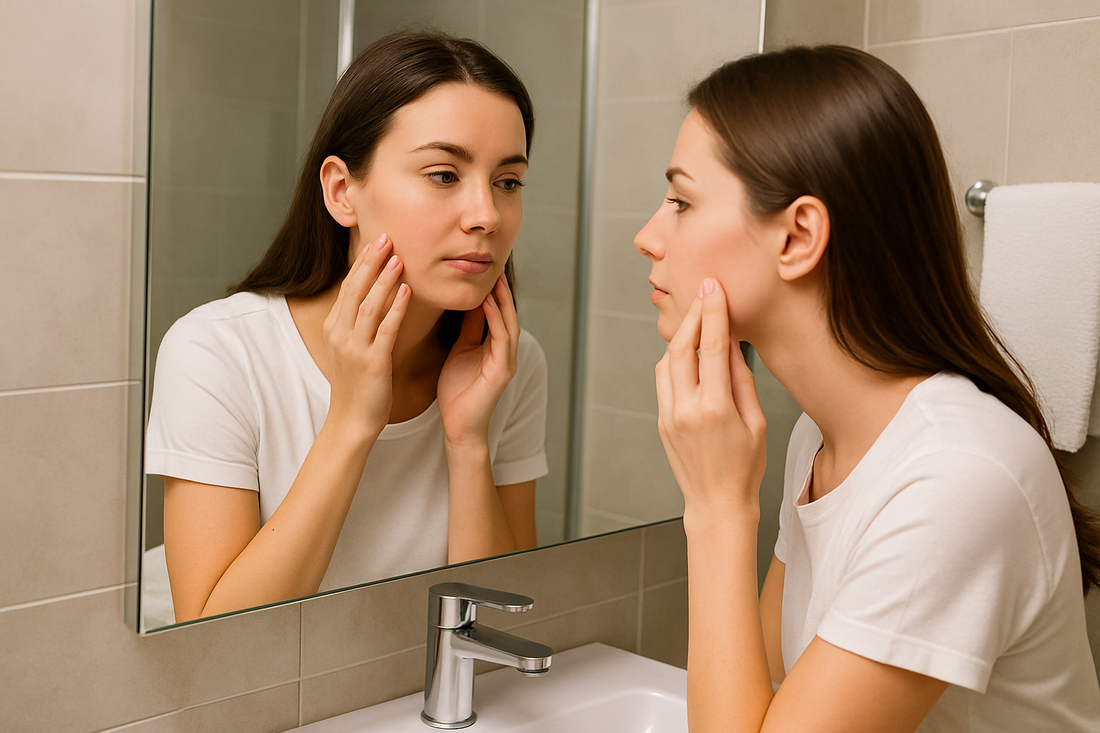 Junge Frau untersucht im Badezimmer vor dem Spiegel ihre Haut und berührt dabei sanft ihre Wangen