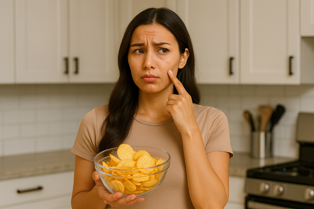 Junge Frau steht in der Küche, hält eine Schüssel mit Chips und zeigt mit dem Finger auf einen Pickel auf ihrer Wange