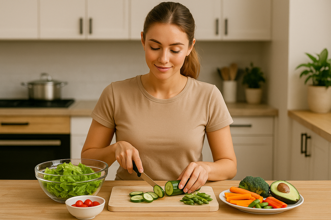 Junge Frau mit zusammengebundenen Haaren kocht in einer modernen Küche frisches gesundes Gemüse