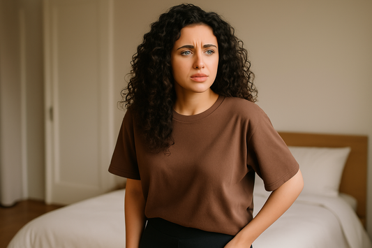 Frau mit dunkelbraunen Locken in braunem Oversize-Shirt und Leggings steht im Schlafzimmer und schaut besorgt zur Seite.