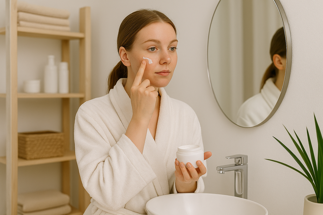 Junge Frau mit empfindlicher Haut steht in einem minimalistischen Badezimmer und trägt sanft eine beruhigende Gesichtspflege auf