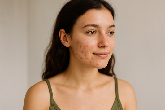 Junge Frau mit sichtbaren, heilenden Pickeln auf der Wange, trägt ein olivgrünes Spaghettiträger-Top, natürlicher Look und sanftes Licht – authentischer Hautheilungsprozess.