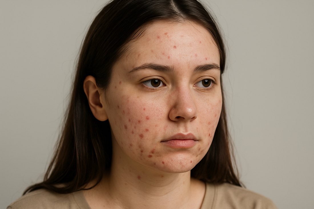 Junge Frau mit deutlichen Pickeln im Gesicht als Symbolbild für die Frage, warum man Pickel bekommt