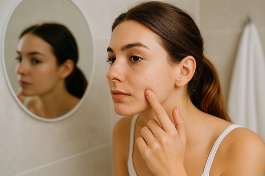 Frau mit leichter Gesichtsrötung schaut in den Spiegel und berührt sanft ihr Gesicht – natürliche Pflege bei aufgekratzten Pickeln.