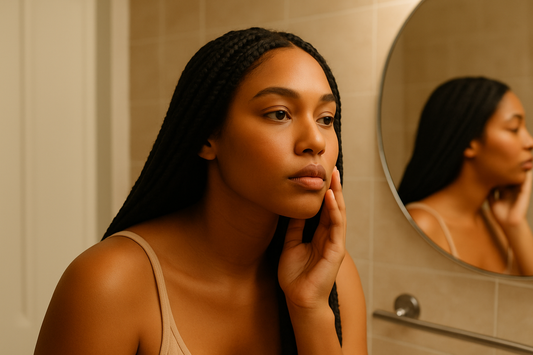 Frau mit langen schwarzen Braids steht im Badezimmer vor dem Spiegel und betrachtet nachdenklich ihre Haut; warmes, ästhetisches Licht und ruhige Atmosphäre.