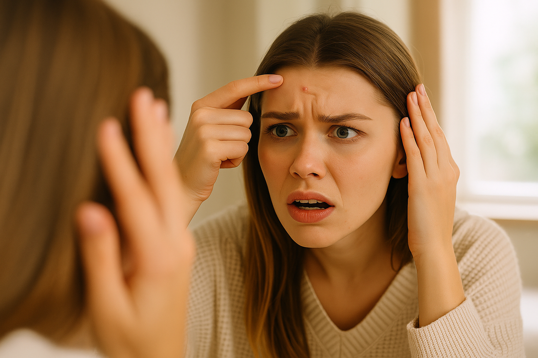 Frau mit Pickel auf der Stirn schaut gestresst in den Spiegel, weil sie kurz vor einem Termin steht – realistische Szene zum Thema Pickel schnell loswerden.