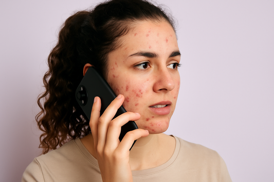 Junge Frau mit dunkelbraunen Locken im Zopf und sichtbarer Akne telefoniert mit dem Handy vor einem hell-lila Hintergrund – symbolisiert Pickel durch Smartphone-Bakterien.