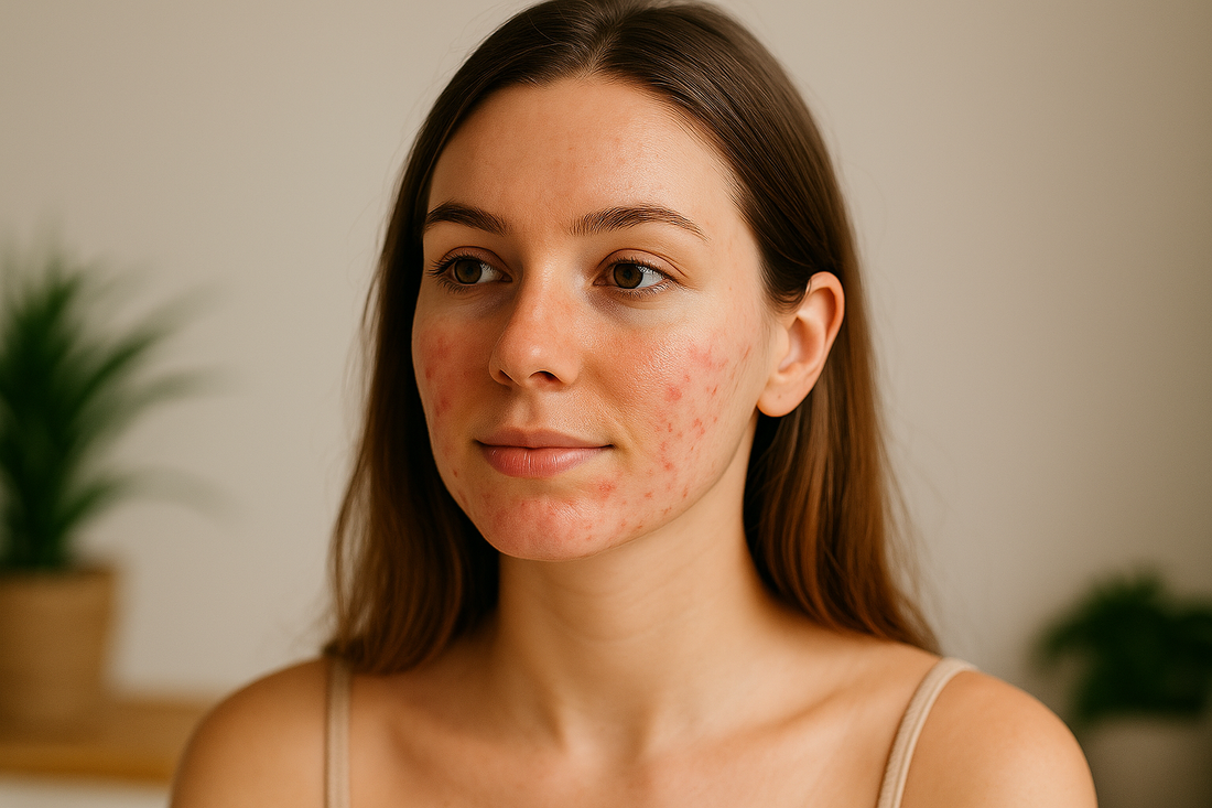 Frau mit leichten Pickelrötungen im Gesicht schaut in den Spiegel und berührt sanft ihre Wange – natürliche Hautpflege und sanfte Routine für gleichmäßige Haut.
