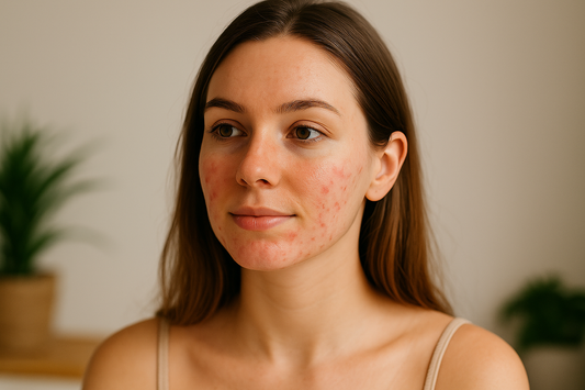Frau mit leichten Pickelrötungen im Gesicht schaut in den Spiegel und berührt sanft ihre Wange – natürliche Hautpflege und sanfte Routine für gleichmäßige Haut.