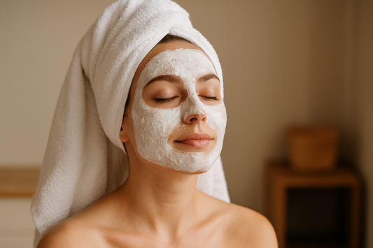 Frau mit weißer Quarkmaske im Gesicht und Handtuch auf dem Kopf – entspannte natürliche Hautpflege gegen Pickel und unreine Haut.