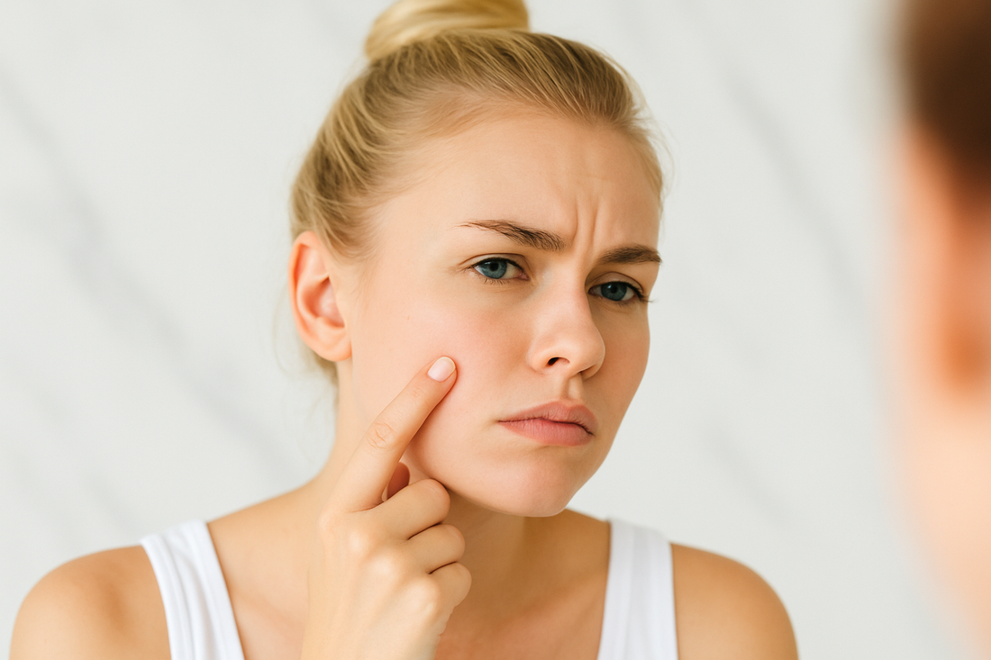 Blonde Frau mit Dutt berührt mit einem Finger einen Pickel an ihrer Wange