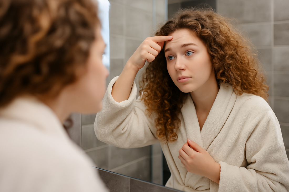 Frau mit dunklem Zopf beugt sich im Badezimmer zum Spiegel und drückt einen Pickel auf der Stirn aus