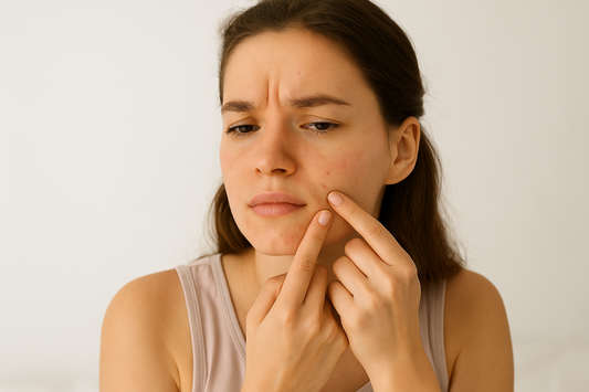 Junge Frau untersucht einen PMS-Pickel an ihrer Wange vor hellem Hintergrund