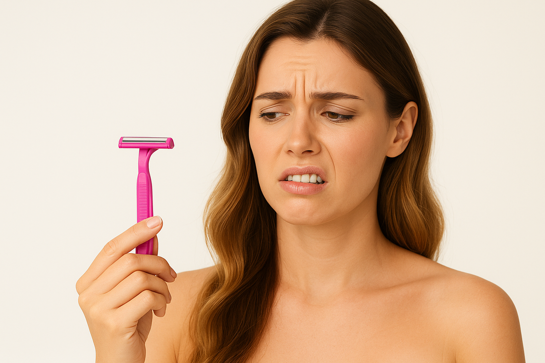 Junge Frau hält skeptisch einen pinken Rasierer in der Hand und schaut angeekelt darauf, Symbolbild für Probleme wie eingewachsene Haare beim Rasieren.