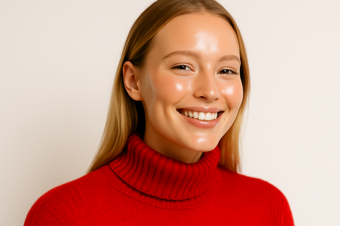 Junge Frau mit strahlender Haut in rotem Winterpullover vor hellem Hintergrund, ideal für Glass-Skin-Winterpflege