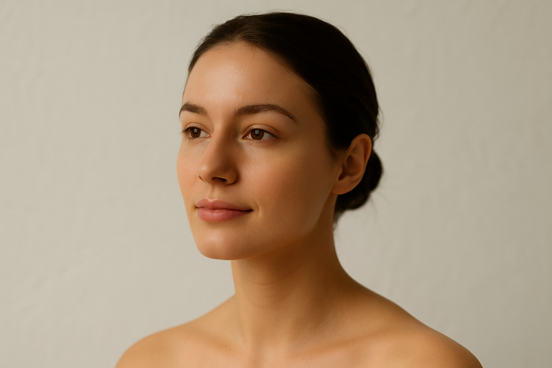 Frau mit sauberem, natürlichem Gesicht vor einem minimalistischen, neutralen Hintergrund.