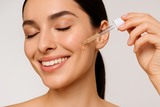 „Hübsche Frau lächelt und trägt mit einer Pipette Serum auf ihre Wange auf, Nahaufnahme, glatte Haut und natürlicher Glow.“