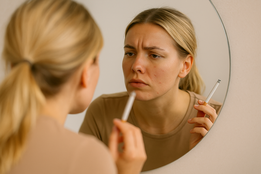 Frau betrachtet ihre unreine Haut im Spiegel und hält eine Zigarette in der Hand
