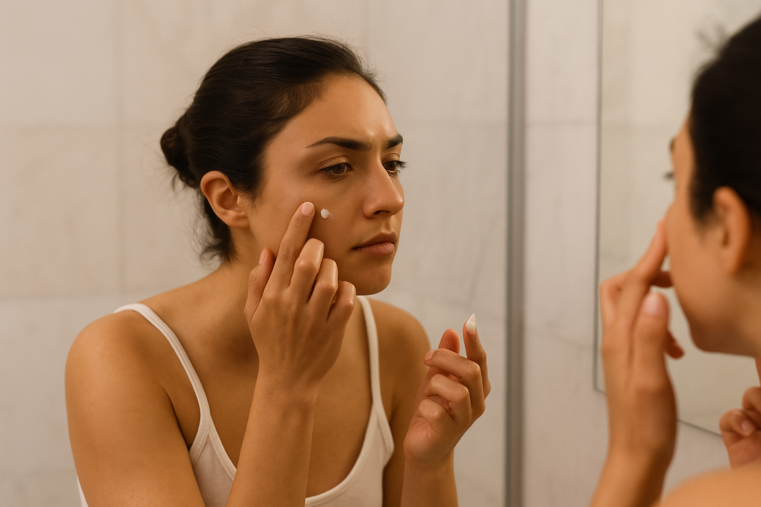 Frau trägt konzentriert punktuell Hautpflege vor dem Spiegel im Badezimmer auf.