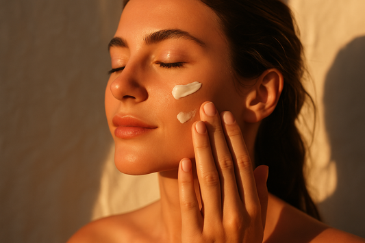 Frau trägt im warmen Sonnenlicht sanft Sonnenschutz auf ihr Gesicht auf.