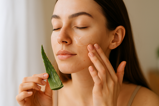 Frau trägt sanft Aloe-Vera-Gel auf ihr Gesicht auf – natürliche Hautpflege gegen Pickel und Akne mit beruhigender Wirkung.