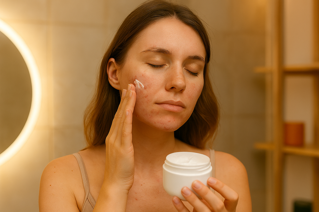 Junge Frau mit leicht trockener Haut trägt im Badezimmer eine sanfte Feuchtigkeitscreme auf ihr Gesicht auf