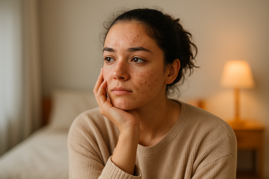 Junge Frau sitzt nachdenklich in ihrem Zimmer und zeigt sichtbare Hautunreinheiten wie Pilzakne im Gesicht.