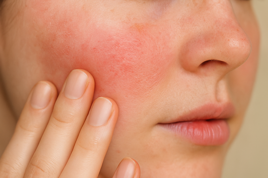 Nahaufnahme einer geröteten Wange, die sanft mit den Fingern berührt wird – die Haut wirkt gereizt, aber beginnt sich sichtbar zu beruhigen.