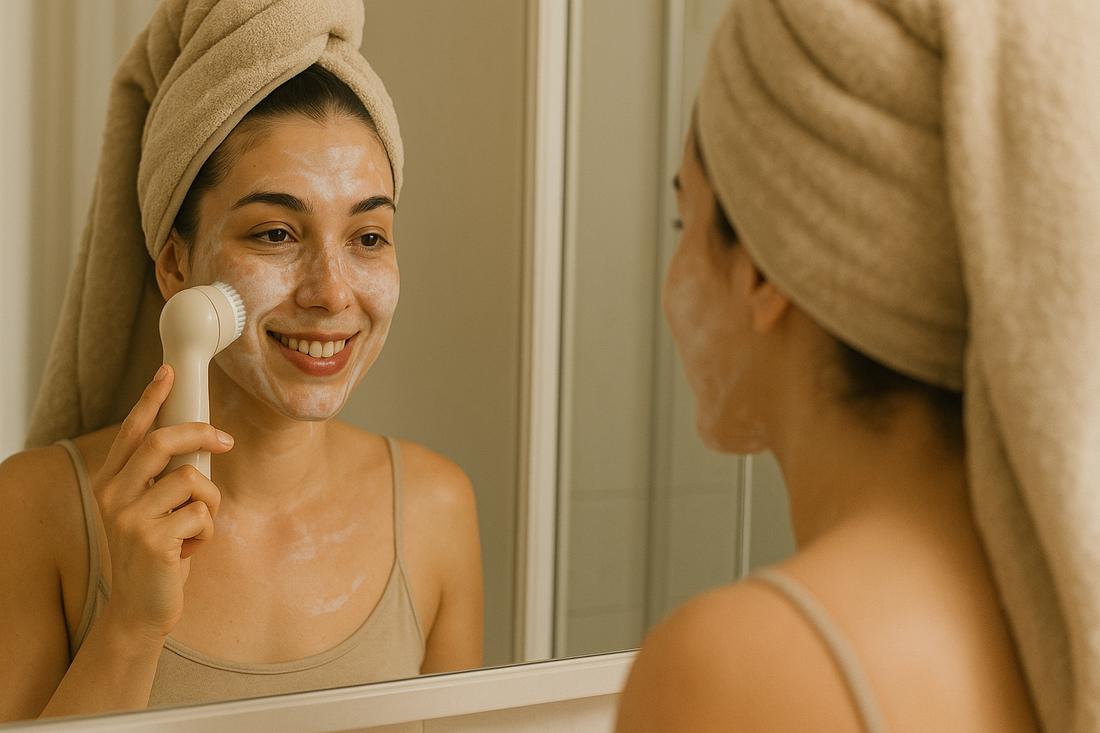 Da das Bild eine Frau zeigt, die ihr Gesicht mit einer Bürste reinigt