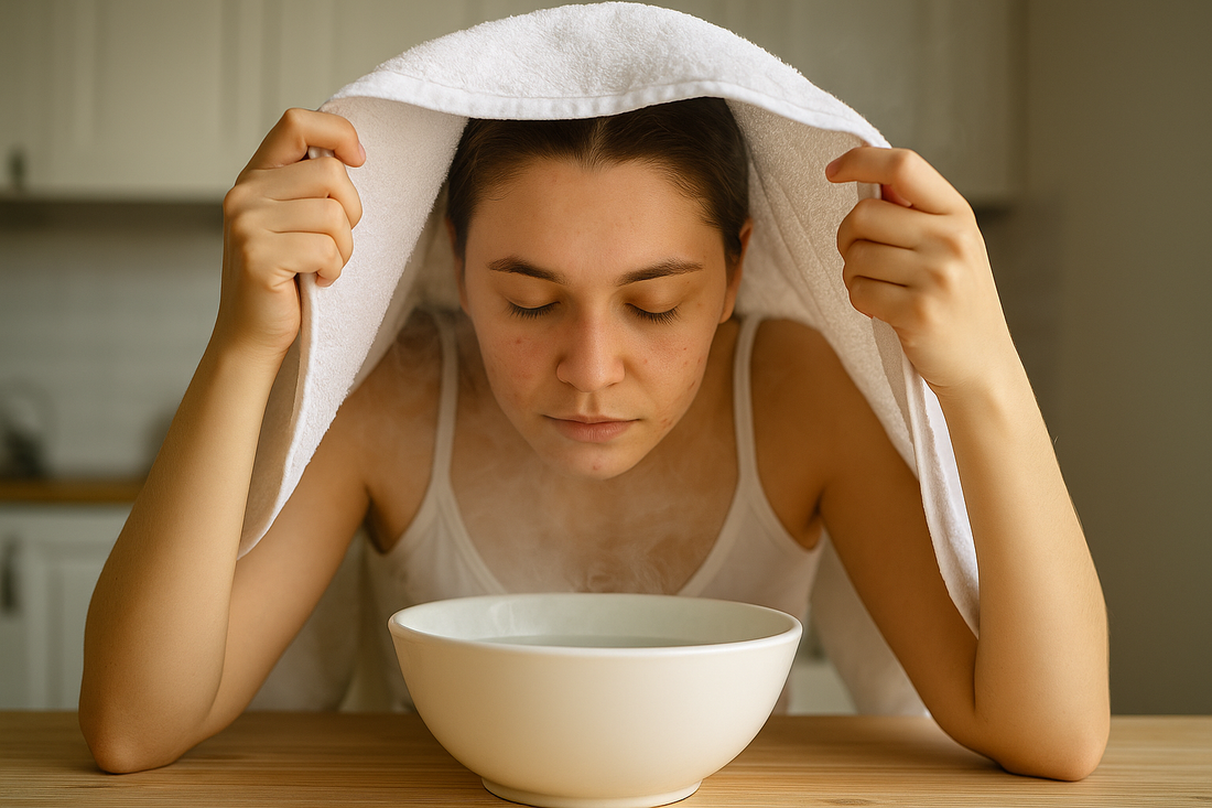 Frau sitzt mit Handtuch über dem Kopf über einer dampfenden Schüssel – sichtbarer Dampf steigt auf. Natürliches Gesichtsdampfbad gegen Pickel und Akne, sanfte Hautpflege.
