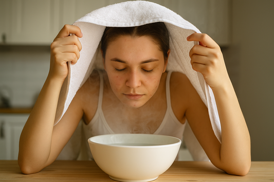 Frau sitzt mit Handtuch über dem Kopf über einer dampfenden Schüssel – sichtbarer Dampf steigt auf. Natürliches Gesichtsdampfbad gegen Pickel und Akne, sanfte Hautpflege.