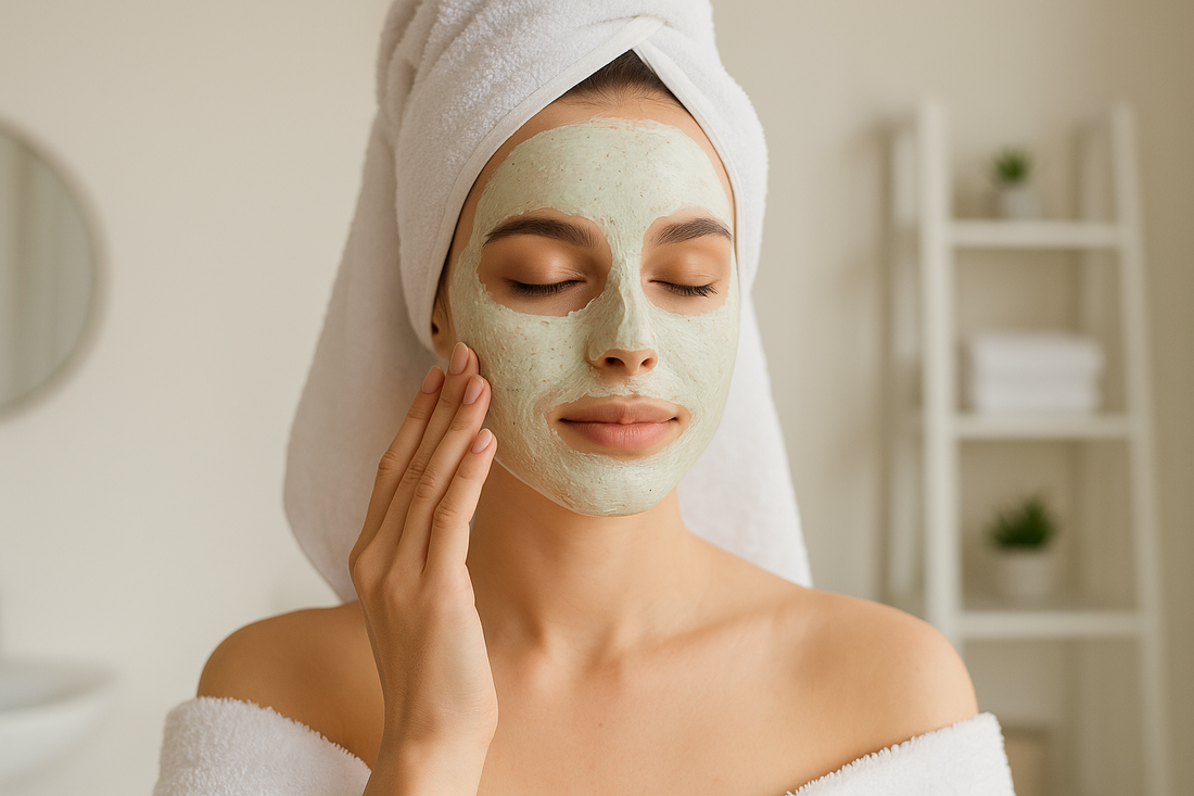 Frau mit reiner Haut trägt sanft eine grüne Gesichtsmaske im Badezimmer auf – Symbol für natürliche Hautpflege, Reinheit und regelmäßige Gesichtspflege.