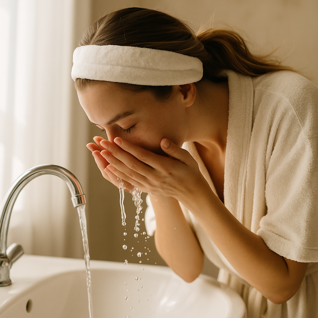 Frau wäscht sich morgens das Gesicht mit Wasser am Waschbecken, trägt ein weißes Stirnband und Bademantel – symbolisiert tägliche Gesichtsreinigung für reine, gesunde Haut.
