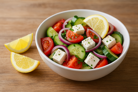 Frische Schüssel mit griechischem Salat aus Tomaten, Gurken, roten Zwiebeln, Feta und Zitronenscheiben auf hellem Holztisch – gesunde Ernährung für reine Haut.