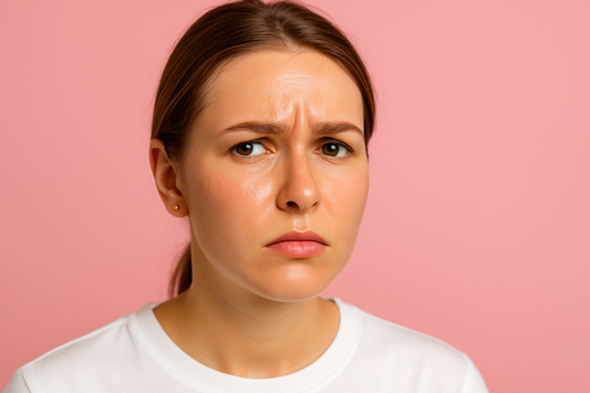Junge Frau mit glänzender Haut im Gesicht vor rosa Hintergrund, neutraler Ausdruck, Nahaufnahme.