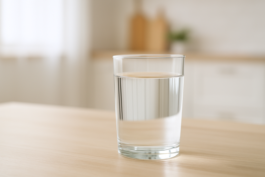 Ein Glas mit klarem Wasser steht auf einem hellen Holztisch – Symbol für gesunde Haut und ausreichende Flüssigkeitszufuhr.