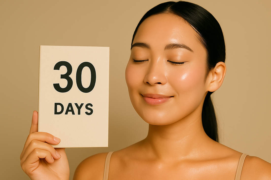 Junge Frau mit strahlender Glass Skin hält ein Schild mit der Aufschrift 30 Days, beige Hintergrund, 1200x800 Querformat