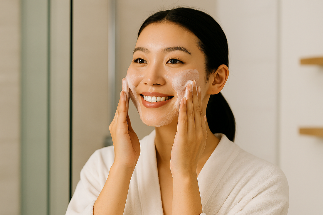 Junge asiatische Frau, die sich im Badezimmer das Gesicht reinigt und lächelt – ideal für eine 7-Schritte-Glass-Skin-Routine