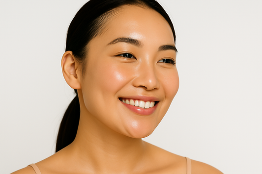 Junge asiatische Frau mit extrem reiner, strahlender Glass Skin, die lächelt und vor weißem Hintergrund posiert