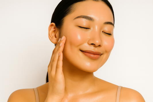 Junge asiatische Frau mit glatter, strahlender Glass Skin ohne Creme im Gesicht, Nahaufnahme vor hellem Hintergrund im Querformat