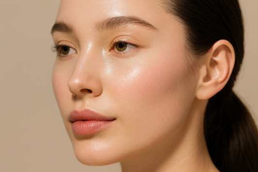 Extrem nahes Close-up einer jungen Frau mit glatter, ultra strahlender Glass Skin, die zur Seite blickt, im 1200x800 Querformat