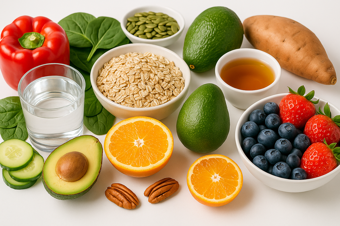 Flatlay aus frischem Obst und Gemüse wie Beeren, Paprika, Zitrusfrüchten und Pesto-Zutaten, die als nährstoffreiche Lebensmittel für Glass Skin dienen